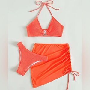 MakeMeChic 3piece Coral Orange Bikini and Skirt Set